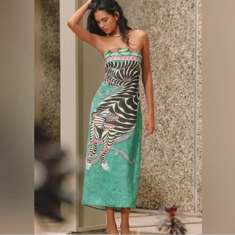 Anthropologie Slip On Green and Zebra Print Strapless Maxi/Midi Dress-NWT Size S